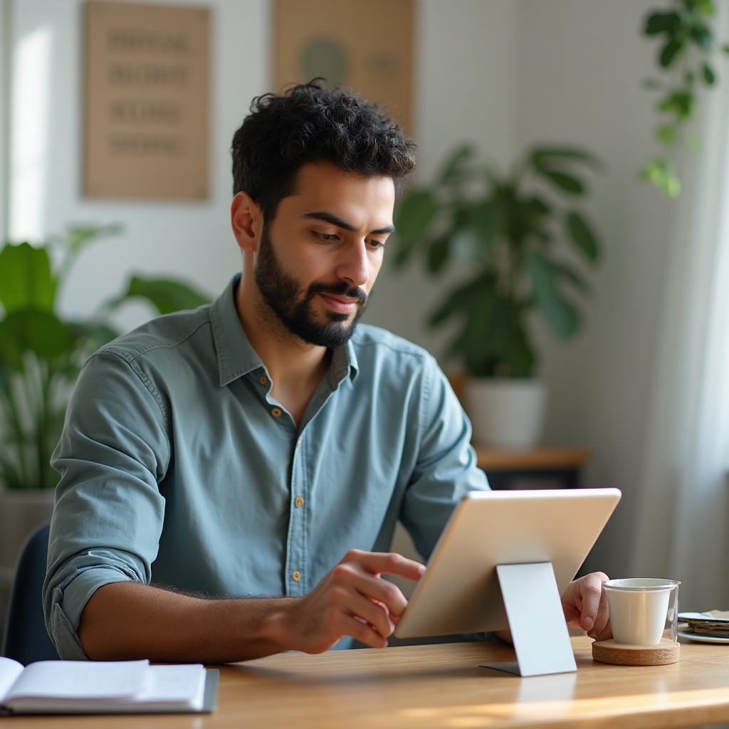 Persona revisando un informe simple de actividad de clientes en una tablet sobre un escritorio