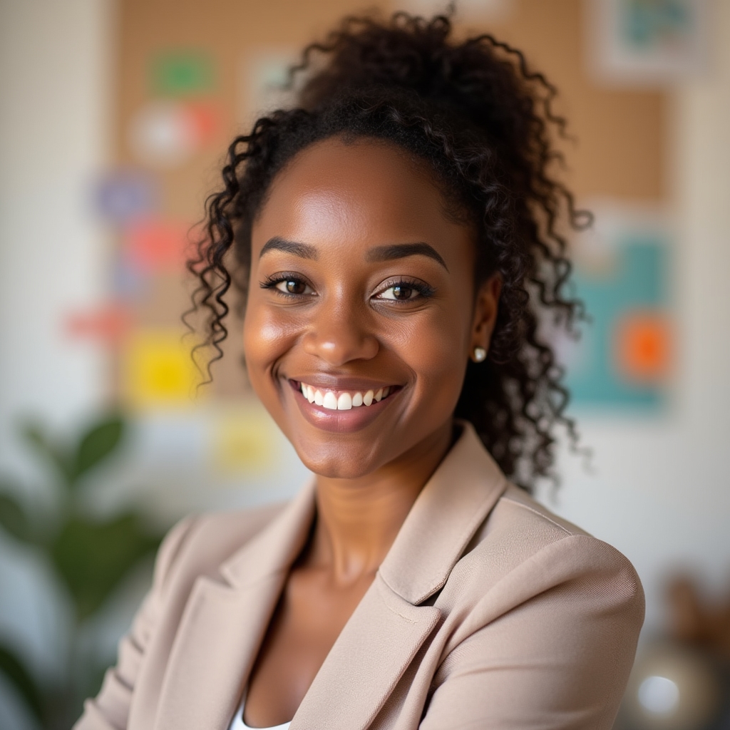 Retrato de una integrante del equipo de Tugihi sonriendo en un espacio de trabajo colaborativo